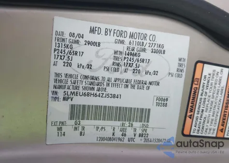 2004 Lincoln Aviator z USA, uszkodzony, nr VIN 5LMEU68H64ZJ53841